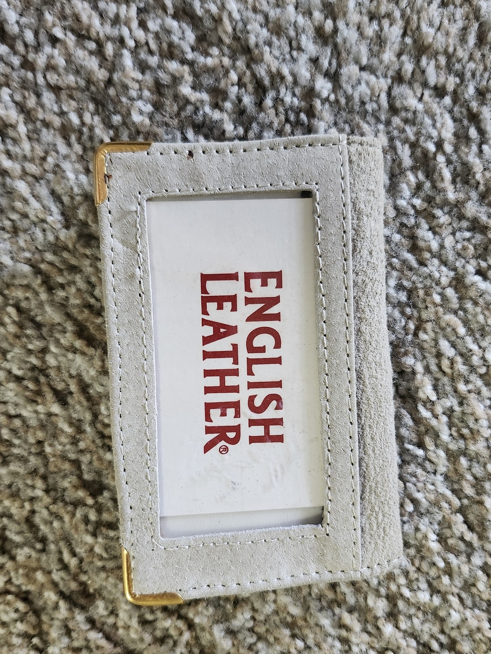 English Leather Suede Card Holder in Light Gray with Gold Corners